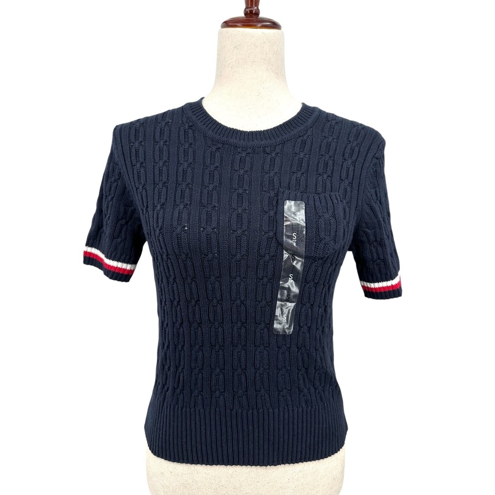 Tommy Hilfiger Short Sleeve Sweater Heritage Cable Knit Navy Blue Size Small NWT